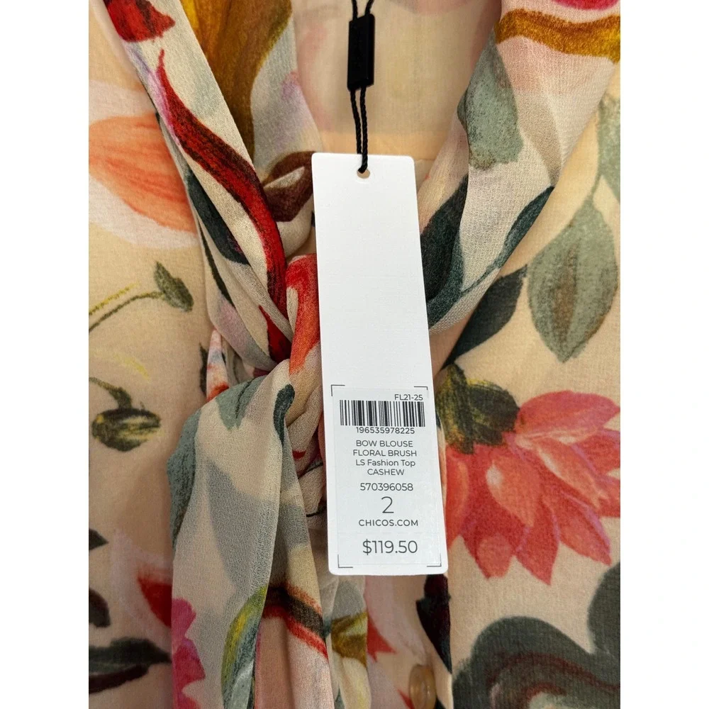 Chico's Sheer Floral Tie-Neck Blouse in Cream, Pink, Green, Yellow - Picture 4 of 4